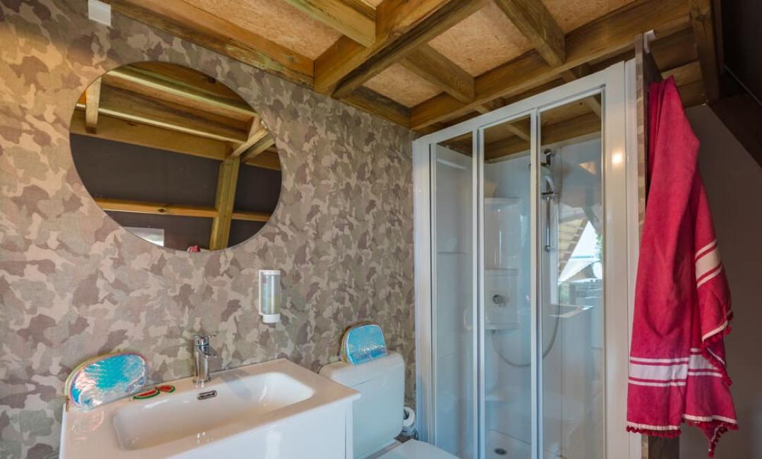 Moderne badkamer met douche, wastafel en ronde spiegel.