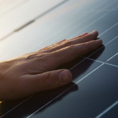 Hand auf einem Solarpanel bei Sonnenuntergang.